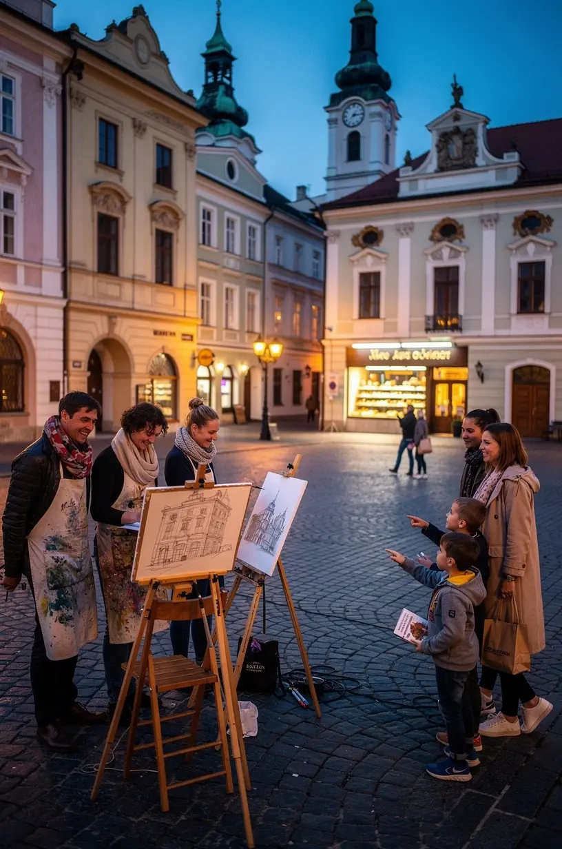 Pohľad na historické centrum slovenského mesta s výraznými gotickými a barokovými stavebnými prvkami.